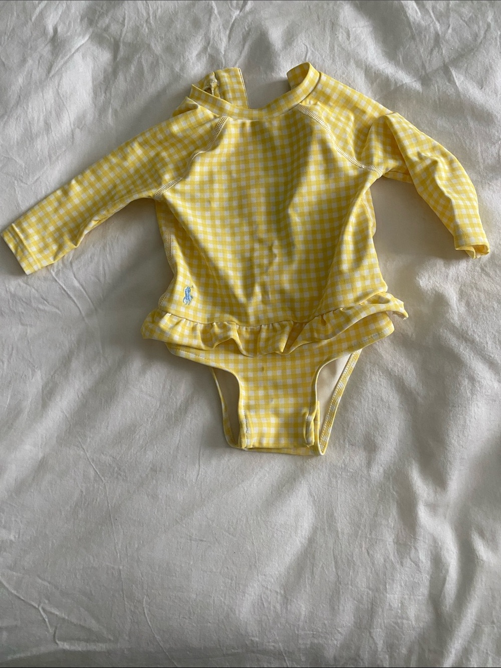 Ralph Lauren Yellow Gingham Long-Sleeve Rash Guard Swimsuit with Ruffle